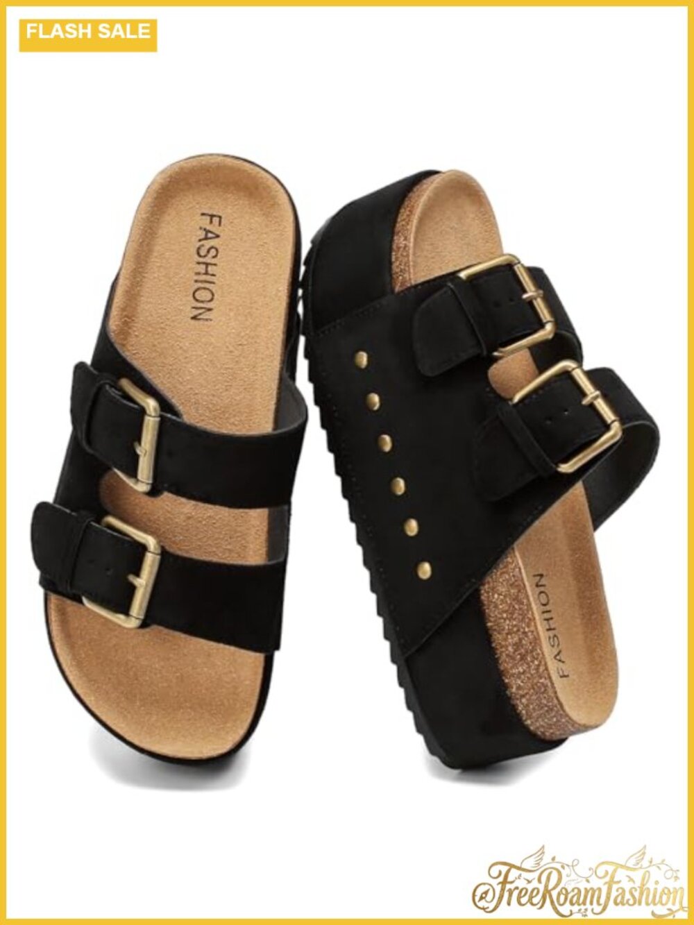 Platform Sandals Cork Footbed Slides with Double Buckle Adjustable